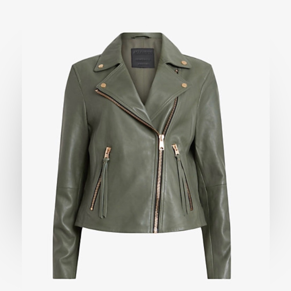 All Saints Dalby Biker 100% lamb leather moto jacket sage green size 6 NWT
